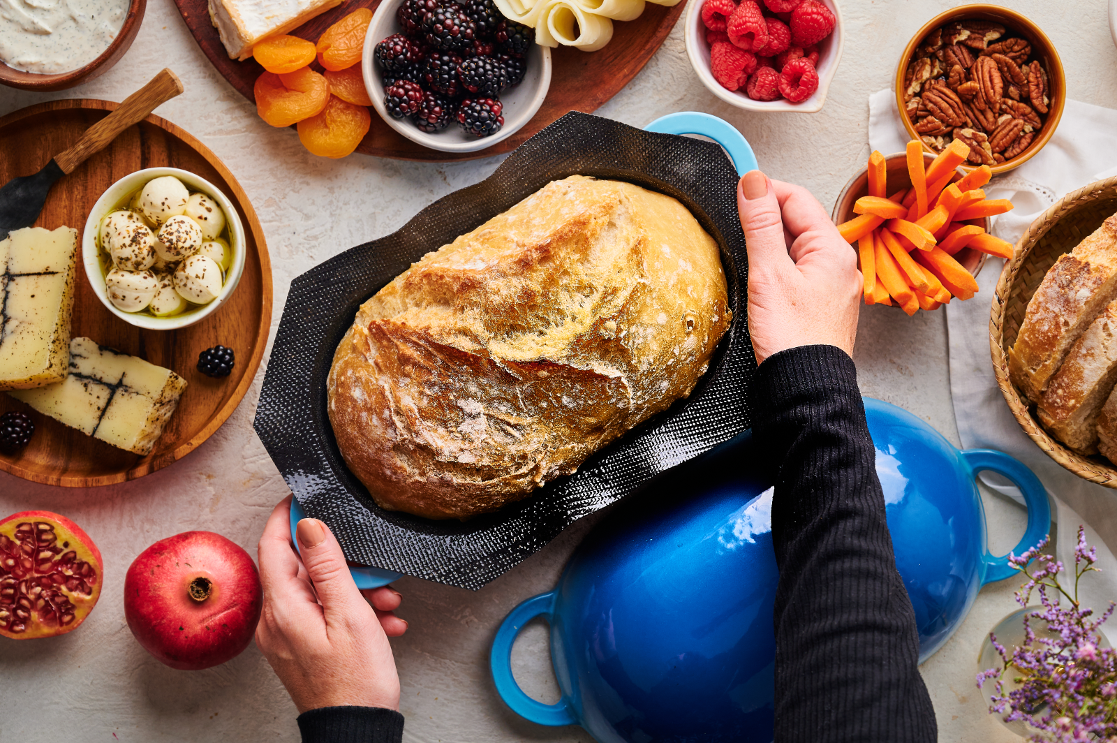 LoafNest: Incredibly Easy Artisan Bread Kit. Cast Iron Dutch Oven [Blue  Gradient] and Perforated Non-Stick Silicone Liner.